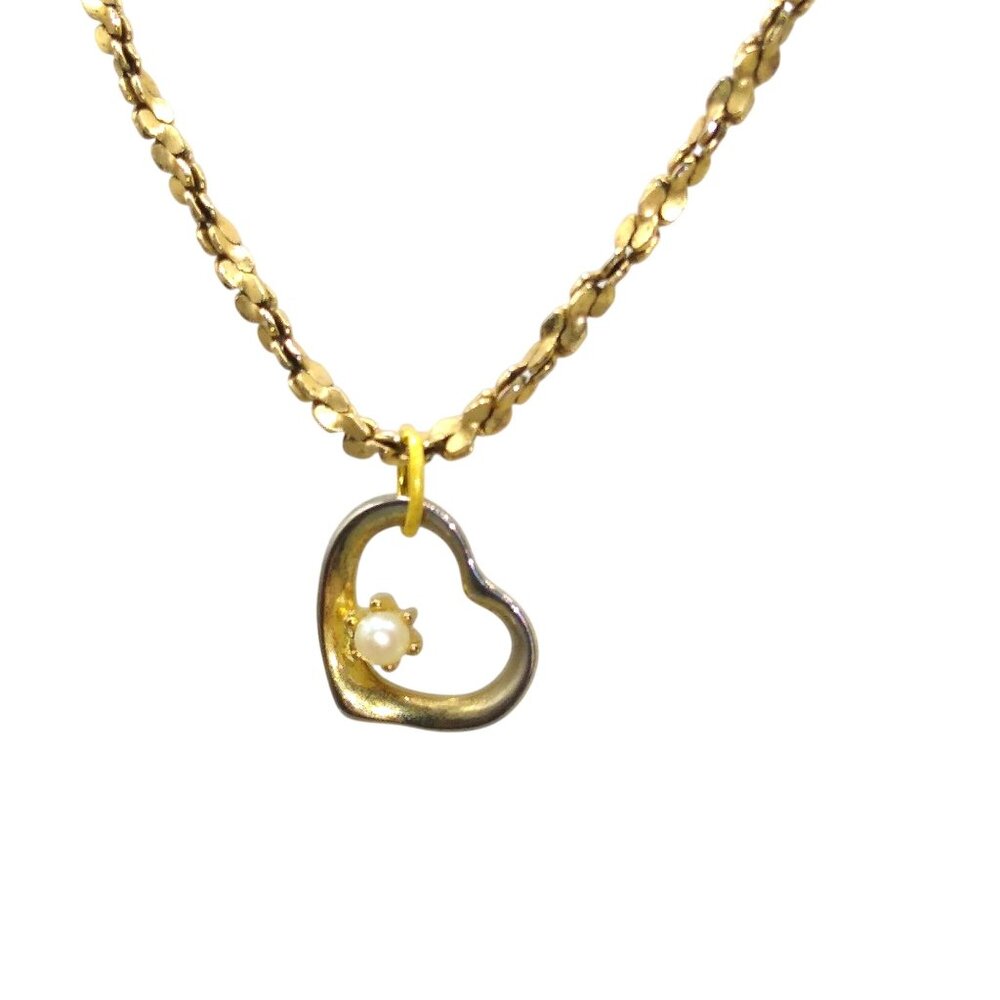 Vintage Open Heart Pendant with Pearl on Gold Tone Sparkly Chain Necklace